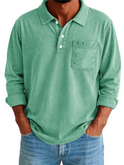 Men's Stylish Vintage Washed And Distressed Lapel Long-sleeved Polo Shirt With Pockets 