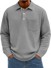 Men's Everyday Waffle Lapel Button Casual Pocket Long Sleeve Polo Shirt