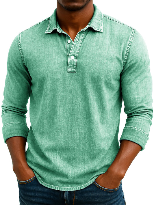Men's Stylish Retro Washed And Distressed Lapel Long-sleeved Polo Shirt 
