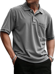 Men's Stylish Retro Pure Cotton Distressed Fabric Pocket Lapel Polo Shirt 