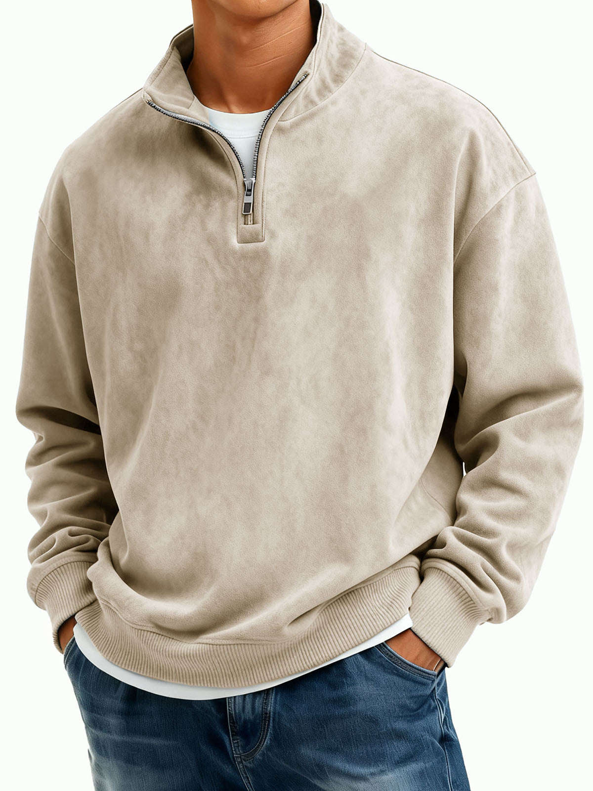 Men's Casual Suede Fabric Stand-neck Half-zipper Long-sleeved Hoodie