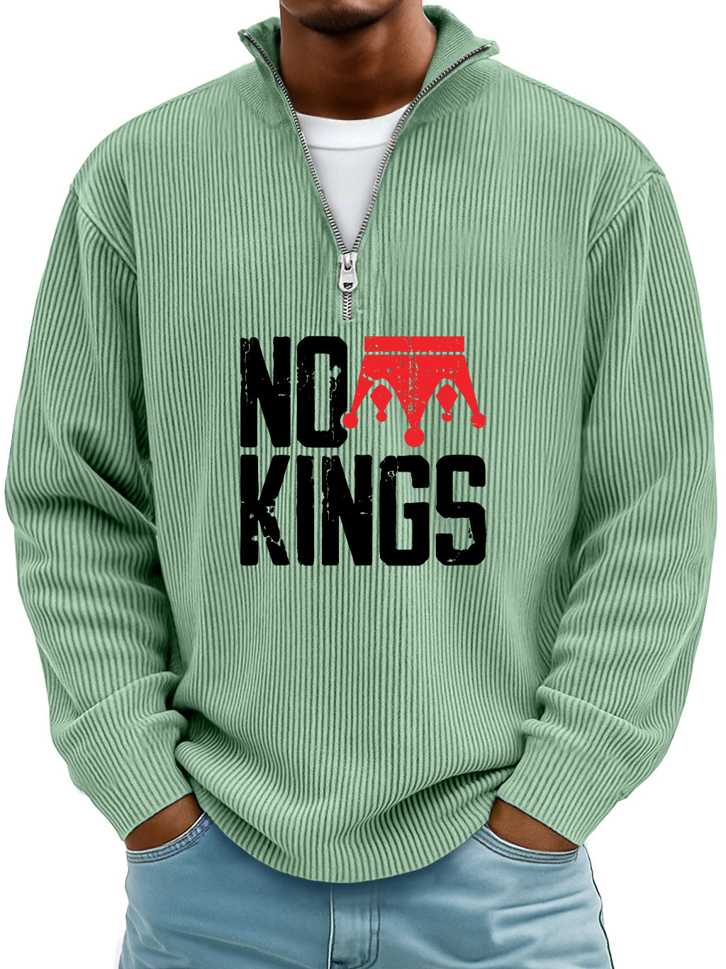 Men's Simple No Kings Ribbed Stand-up Collar Zipper Casual Long-sleeved T-shirt