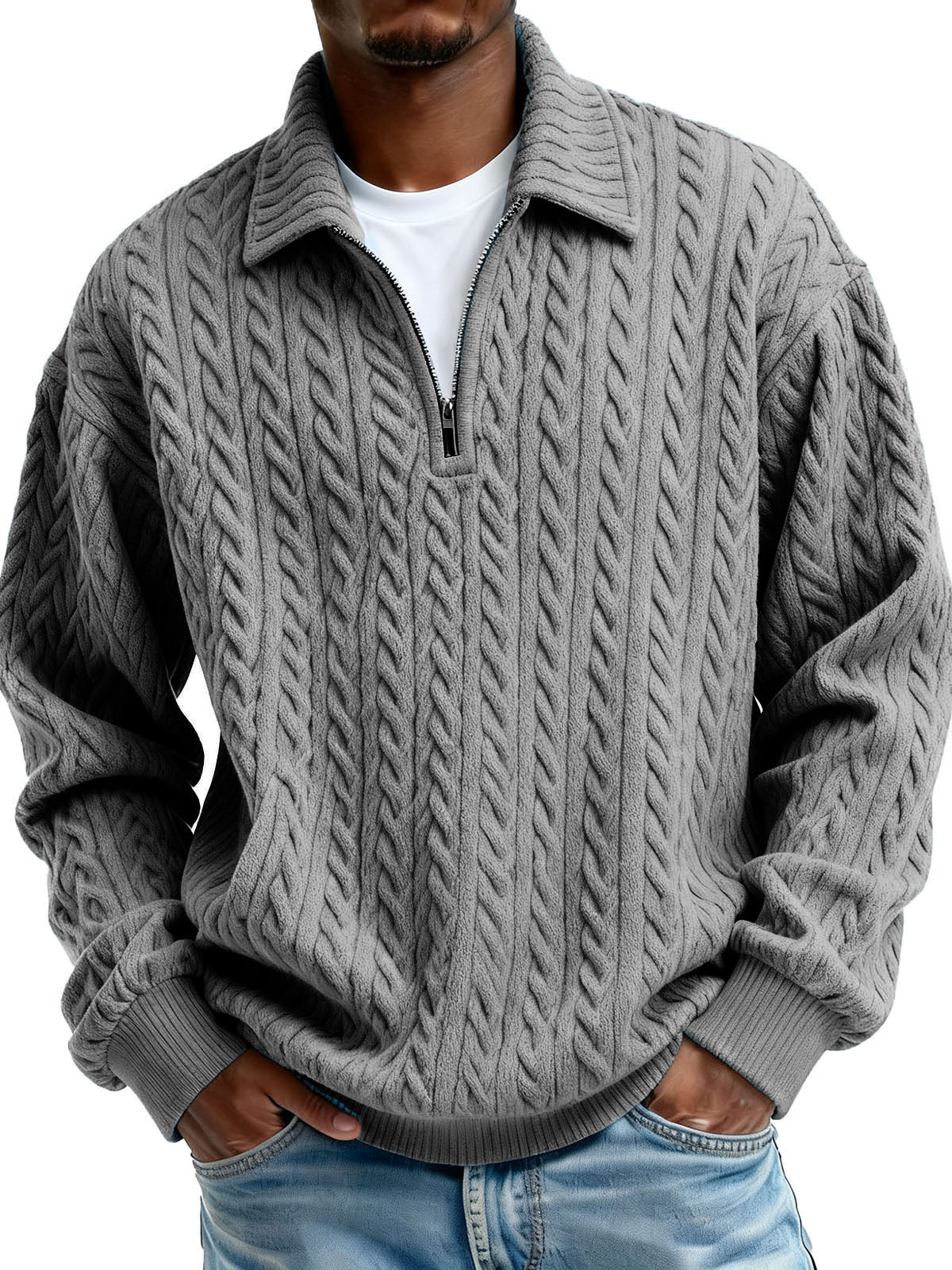 Men's Clothing Fashionable Casual Twist Texture Fabric Lapel Zipper Long-sleeved Hoodie 