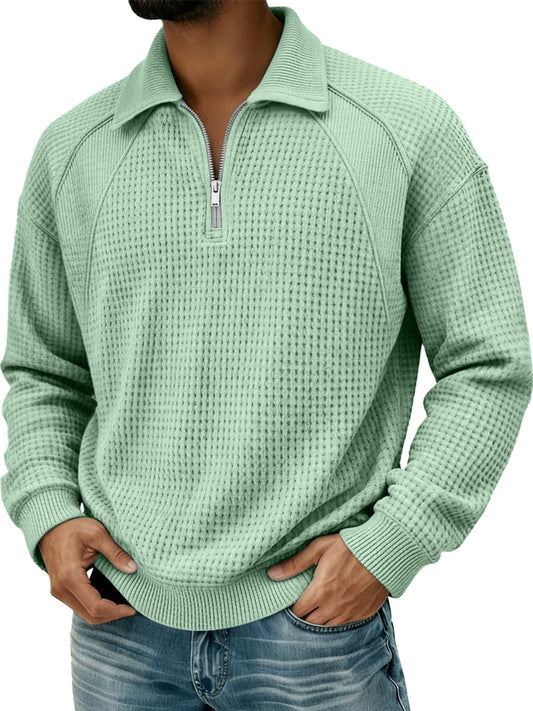 Men's Waffle Lapel Zipper Design Split Stitching Polo Shirt