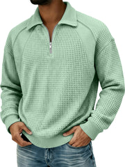 Men's Waffle Lapel Zipper Design Split Stitching Polo Shirt