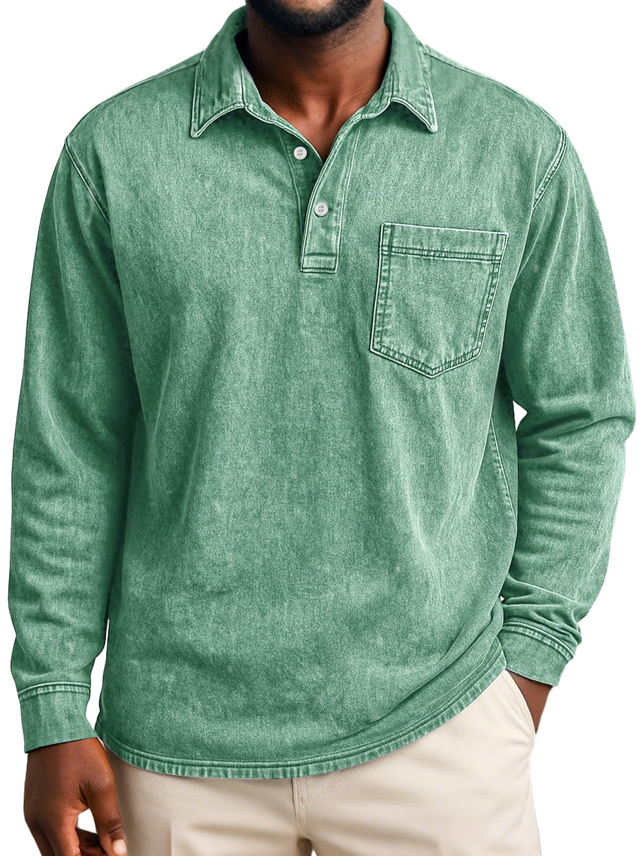 Men's Retro Casual Lapel Pocket Distressed Long-sleeved Polo Shirt
