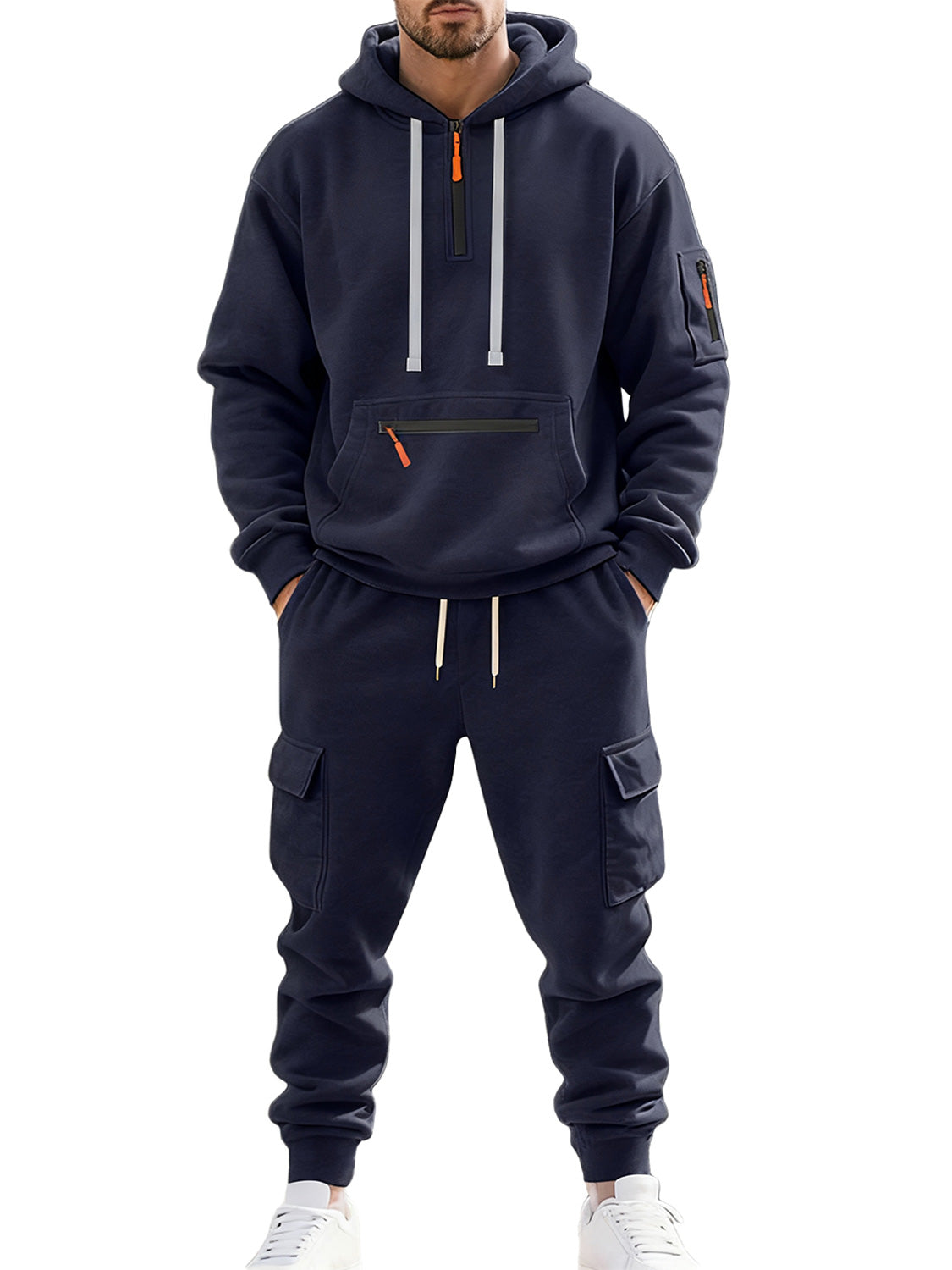 Men's Autumn and Winter Fleece Casual Zipper Sweatshirt Multi-Pocket Overalls Set