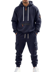 Men's Autumn and Winter Fleece Casual Zipper Sweatshirt Multi-Pocket Overalls Set