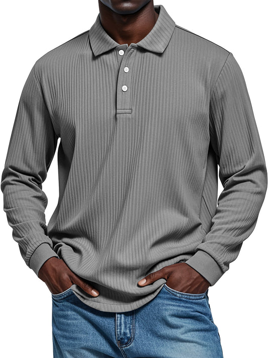Men's Pit Texture Casual Button Solid Color Long-sleeved Polo Shirt
