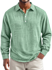 Men's Everyday Pleated Lapel Button-down Casual Long-sleeved Polo Shirt