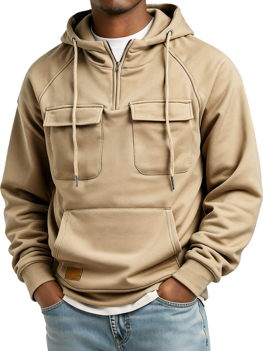 Men's Retro Zipper Double Pocket Embroidered Logo Casual Hoodie