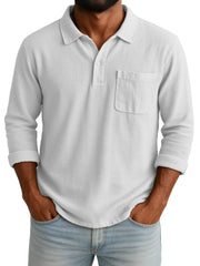 Men's Retro-chic Ramie Fabric Long-sleeved Polo Shirt With Loose-fitting Drawstring Waist And Embroidered Logo 