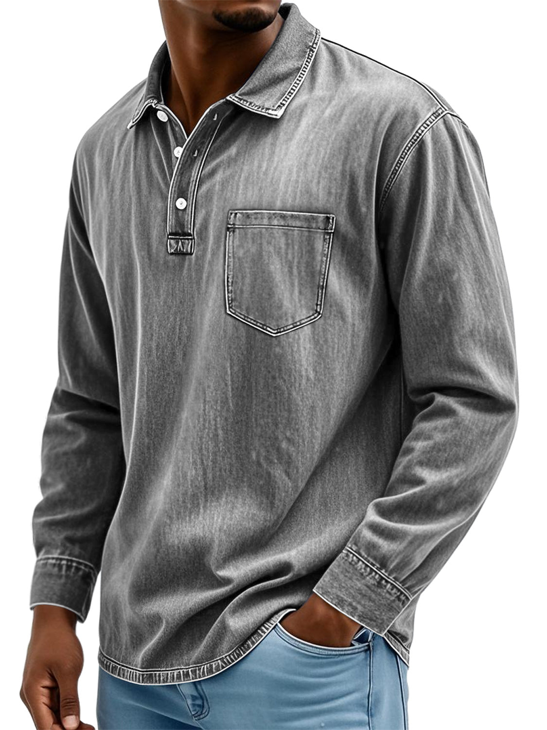Men's Vintage Cotton Washed Lapel Button Casual Long Sleeve Polo Shirt