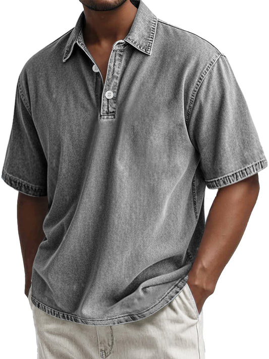 Men's Retro Cotton Washed Casual Lapel Short Sleeve POLO Shirt