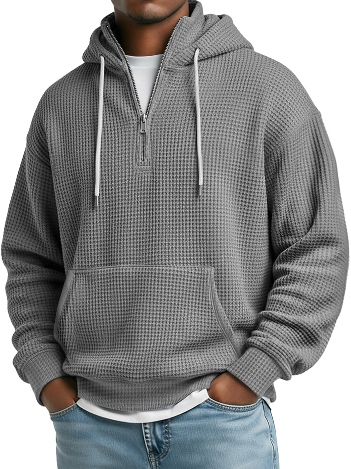 Men's Daily Waffle Stand Collar Zipper Casual Loose Hooded Sweatshirt