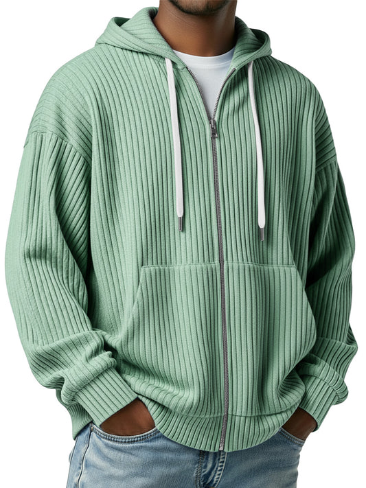 Men's Simple Ribbed Zipper Casual Hooded Jacket