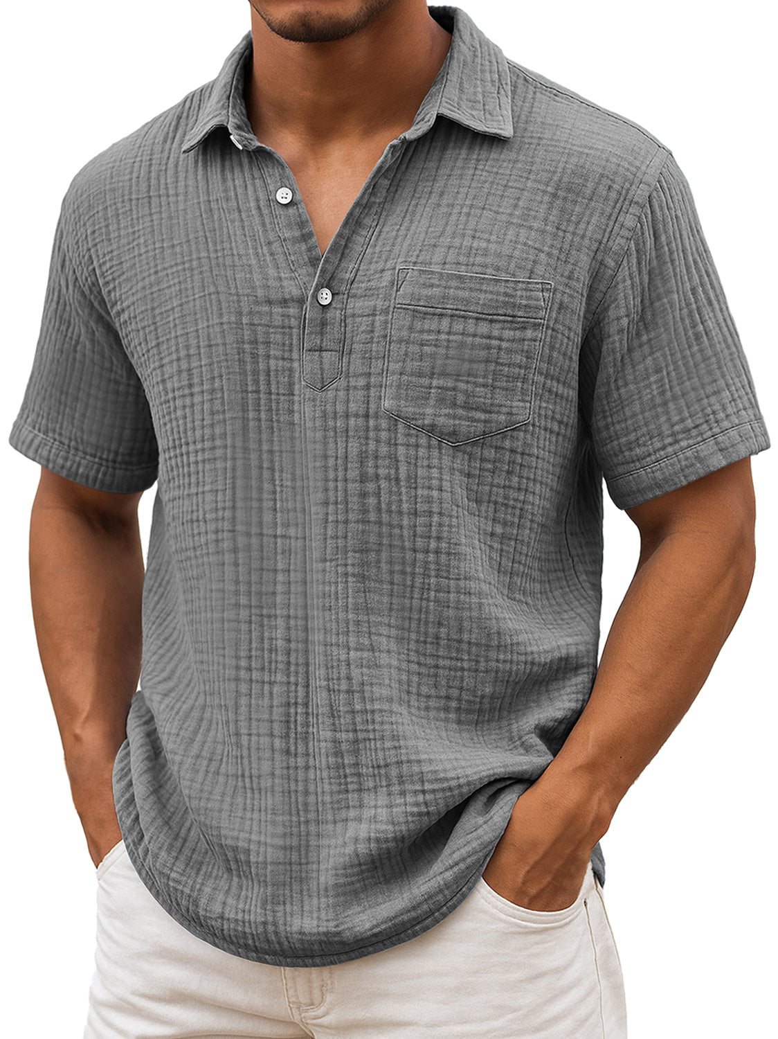 Men's Daily Pleated Texture Lapel Casual Pocket Comfortable Short Sleeve POLO Shirt