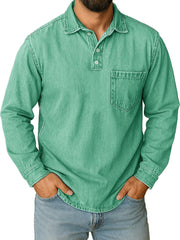 Men's Stylish Vintage Distressed Pocket Lapel Long-sleeved Polo Shirt 