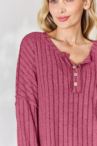 Women's Basic Bae Full Size Ribbed Half Button Long Sleeve T-Shirt