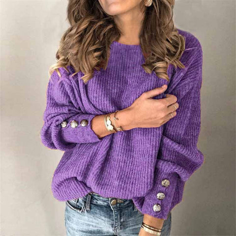 Women's Street Hipster Long-sleeved Round Neck Button Sweater Top T-shirt