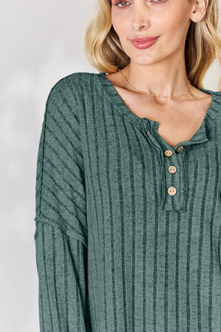 Women's Basic Bae Full Size Ribbed Half Button Long Sleeve T-Shirt