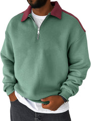 Men's Lapel Contrast Color Casual Loose Quarter Zip Sweatshirt