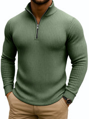 Men's Retro Casual Solid Color Striped Stand-up Collar Quarter-Zip Sweatshirt