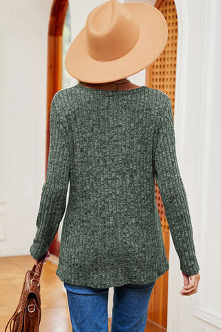 Women's Eyelet Ribbed Round Neck Long Sleeve T-Shirt
