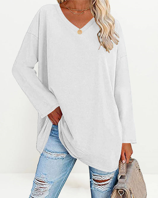 Women's Solid Color V Neck Long Sleeve Pullover Basic T-shirts Casual Sweatshirt