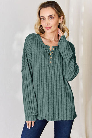 Women's Basic Bae Full Size Ribbed Half Button Long Sleeve T-Shirt