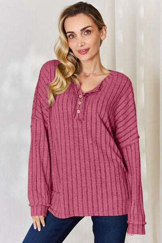 Women's Basic Bae Full Size Ribbed Half Button Long Sleeve T-Shirt