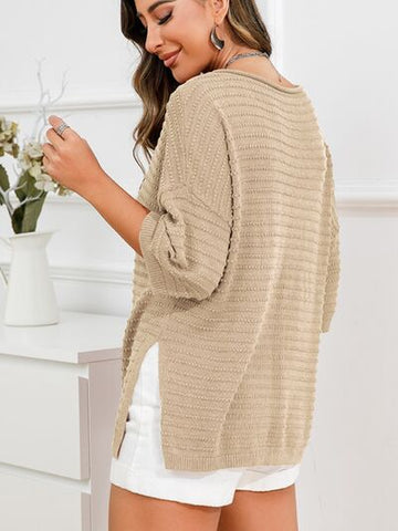 Women's Rolled Round Neck Dropped Shoulder Slit Sweater