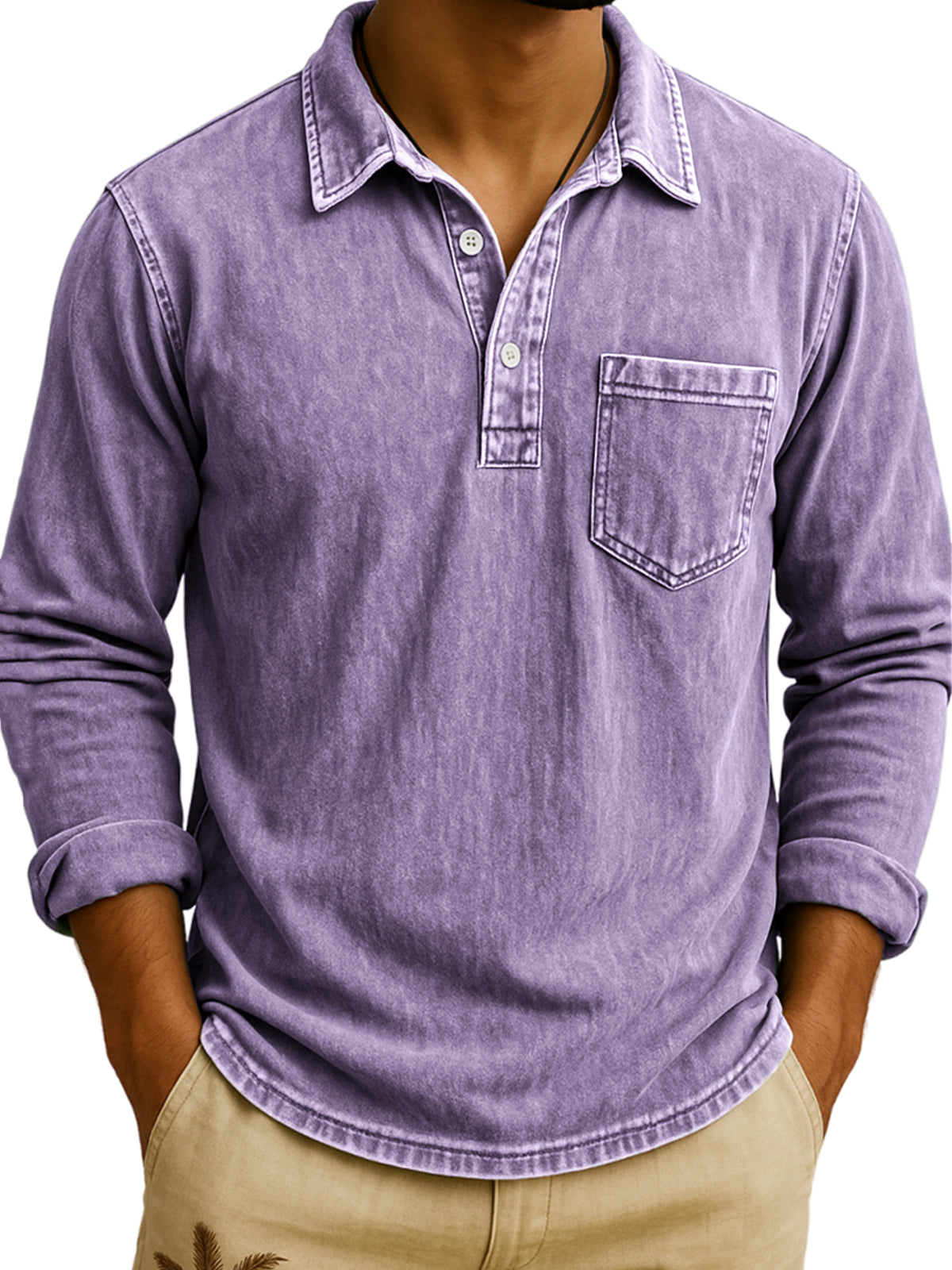 Men's Vintage Long Sleeve Polo Shirt with Chest Pocket
