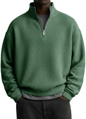 Men's Casual Solid Waffle Fabric Stand Collar Zip Sweatshirt