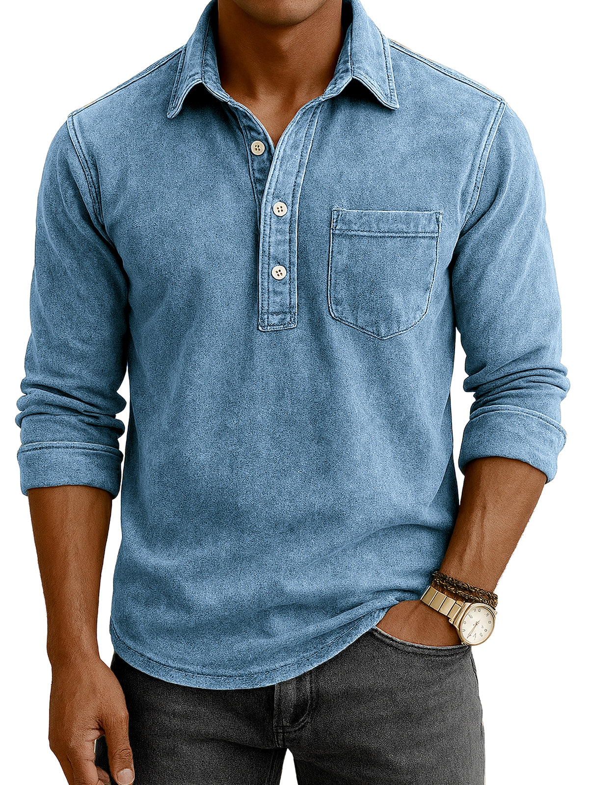 Men's Vintage Distressed Casual Daily Long-sleeve Polo Shirt with Chest Pocket
