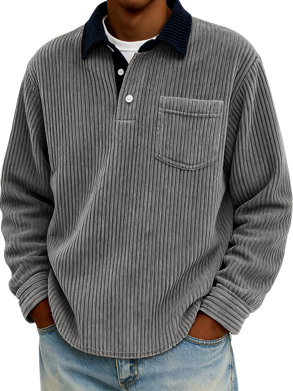 Men's Stylish Corduroy Color-Block Polo Shirt Pullover with Chest Pocket