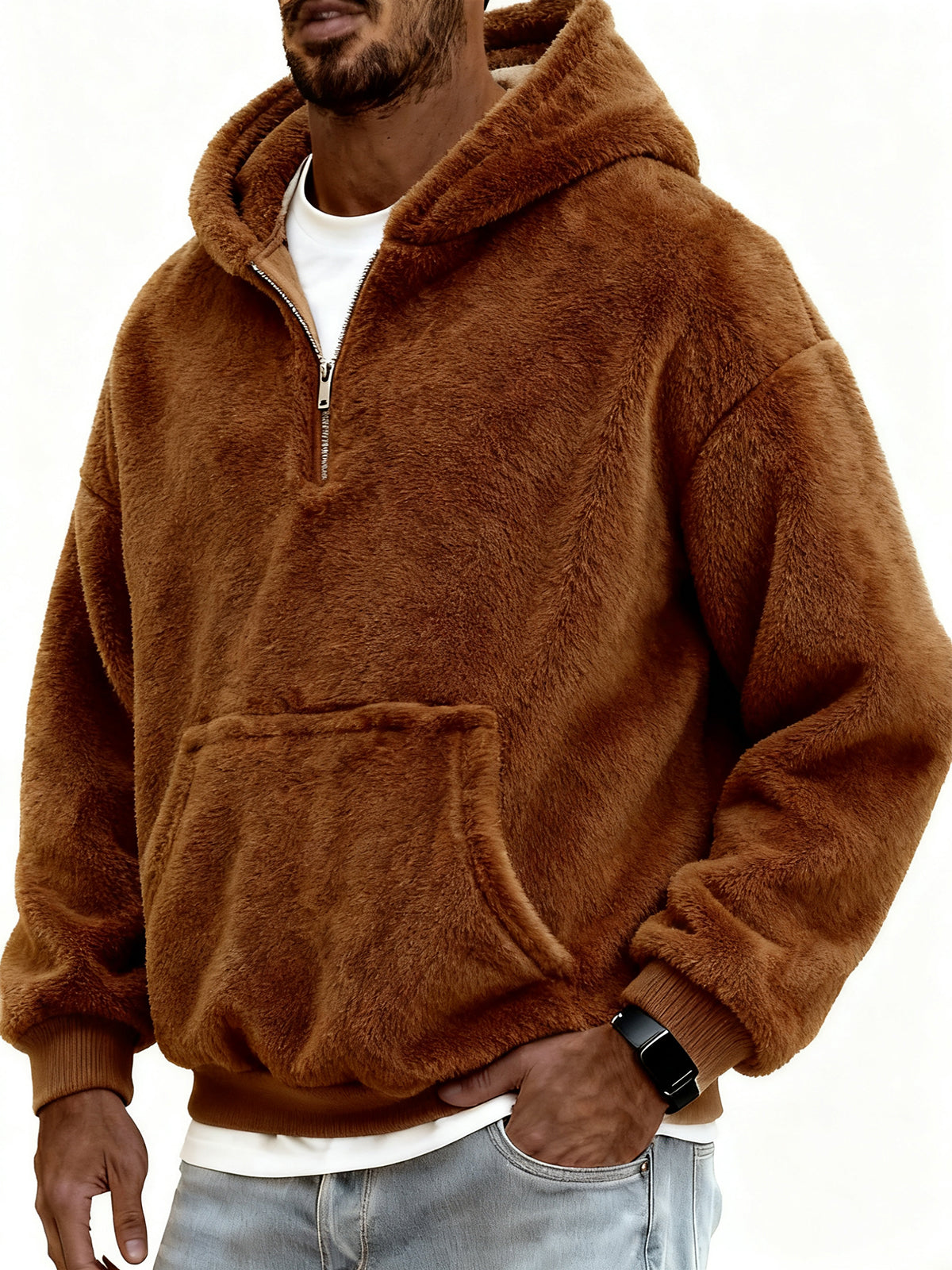 Men's Stylish Coral Fleece Hooded Sweatshirt with Kangaroo Pockets and A Quarter Zip