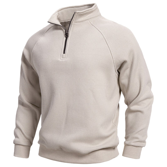 Men's Simple Casual Ribbed Stand-up Collar Quarter Zip Raglan Sleeve Sweatshirt