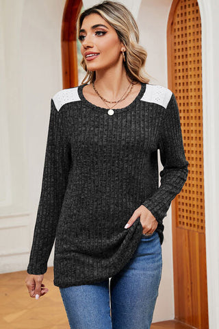Women's Eyelet Ribbed Round Neck Long Sleeve T-Shirt