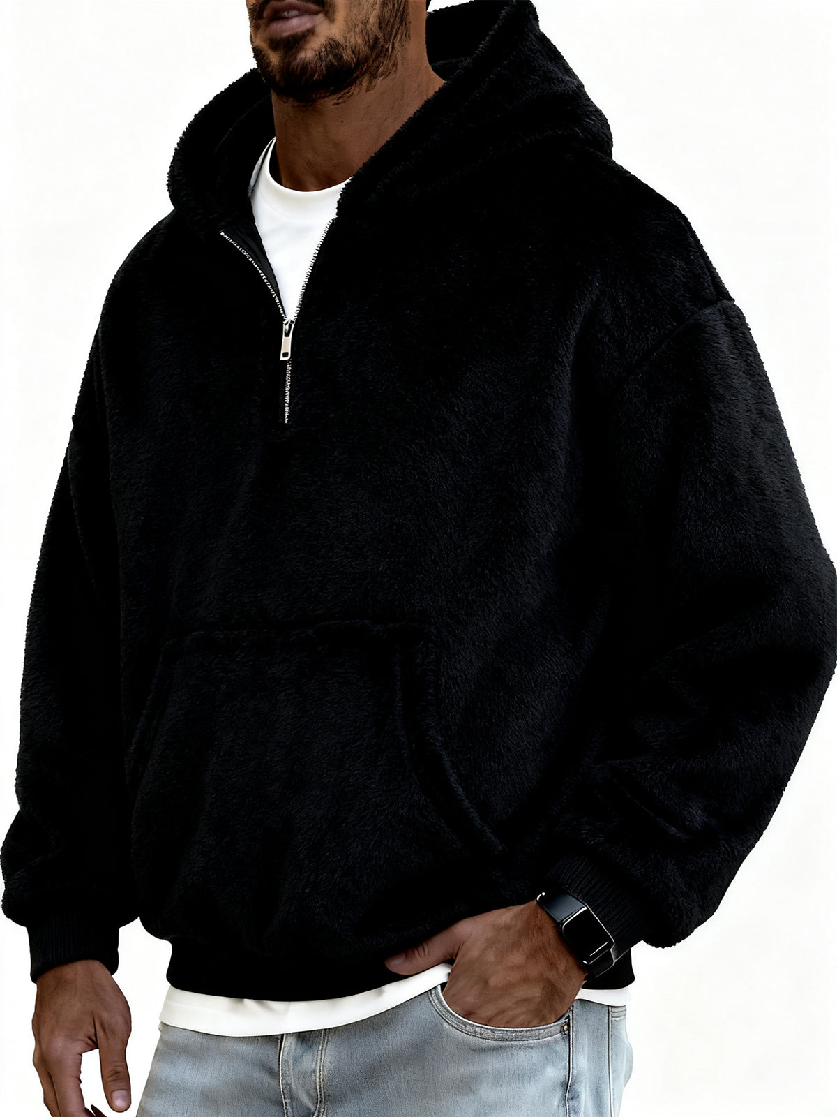 Men's Stylish Coral Fleece Hooded Sweatshirt with Kangaroo Pockets and A Quarter Zip