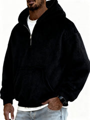 Men's Stylish Coral Fleece Hooded Sweatshirt with Kangaroo Pockets and A Quarter Zip