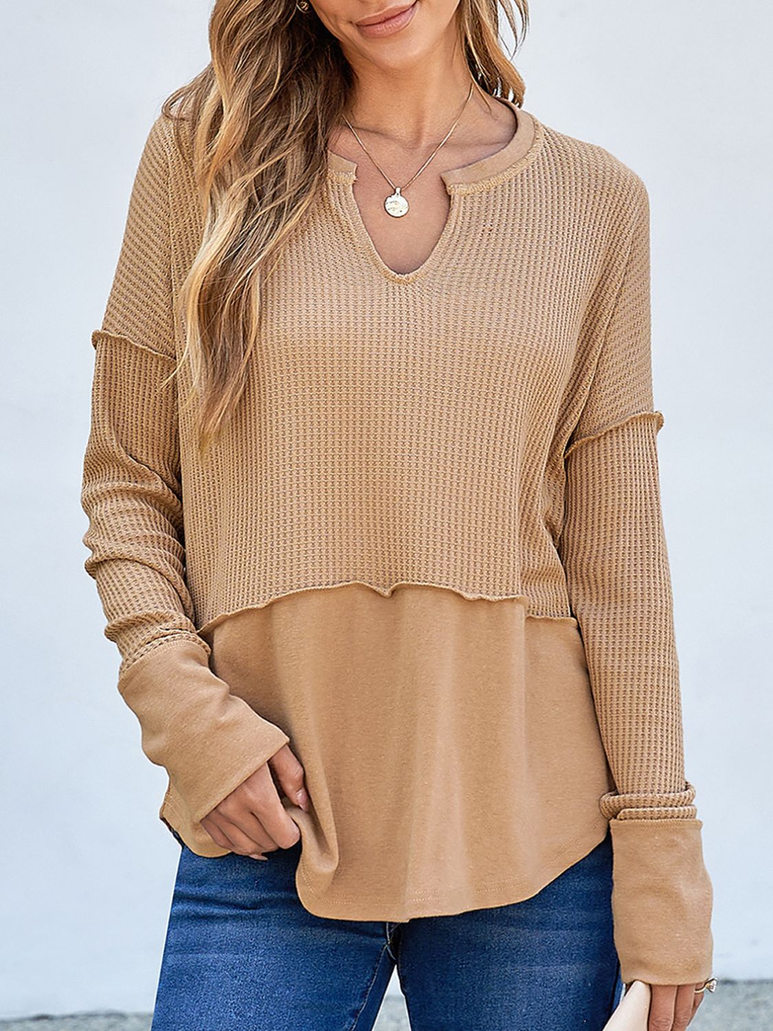 Women's Waffle-Knit Notched Long Sleeve T-Shirt