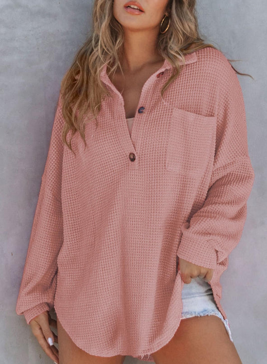 Women's Waffle Knit Henley Button Shirt Jacket