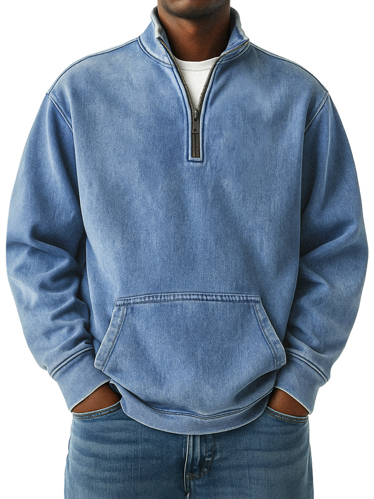 Men's Simple Retro Loose Pocket Quarter Stand Collar Zipper Sweatshirt