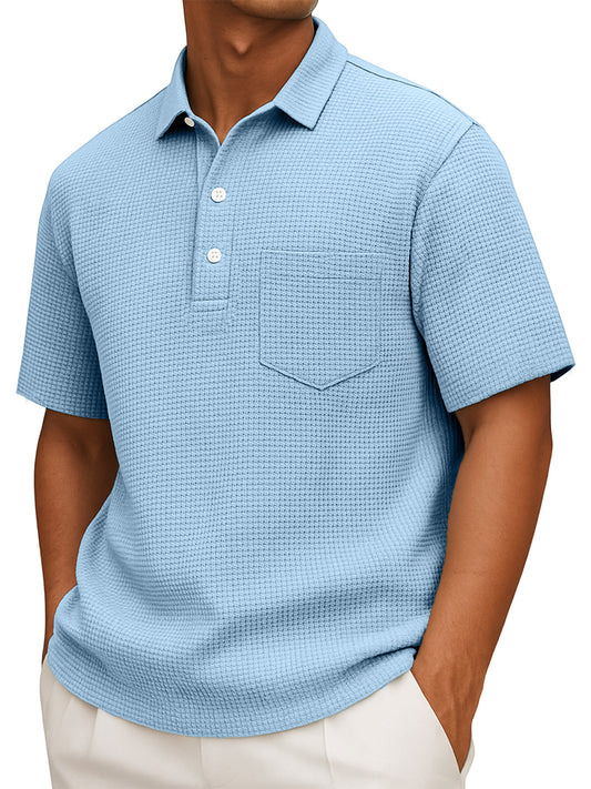 Men's Casual Solid Color Waffleck Short Sleeve Polo Shirt