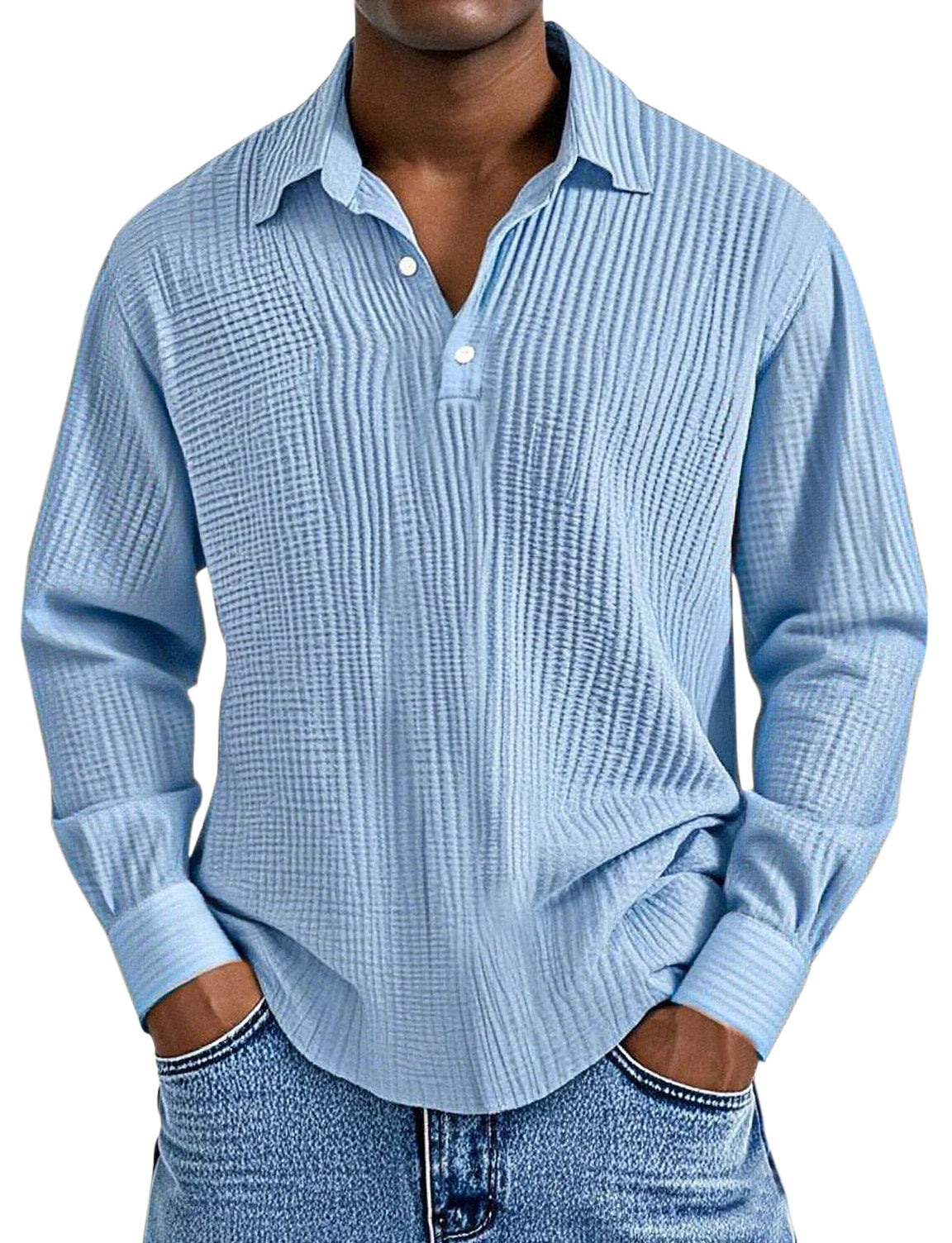 Men's Simple Solid Color Pleated Texture Long-sleeved Lapel Polo Shirt