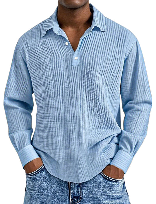 Men's Simple Solid Color Pleated Texture Long-sleeved Lapel Polo Shirt