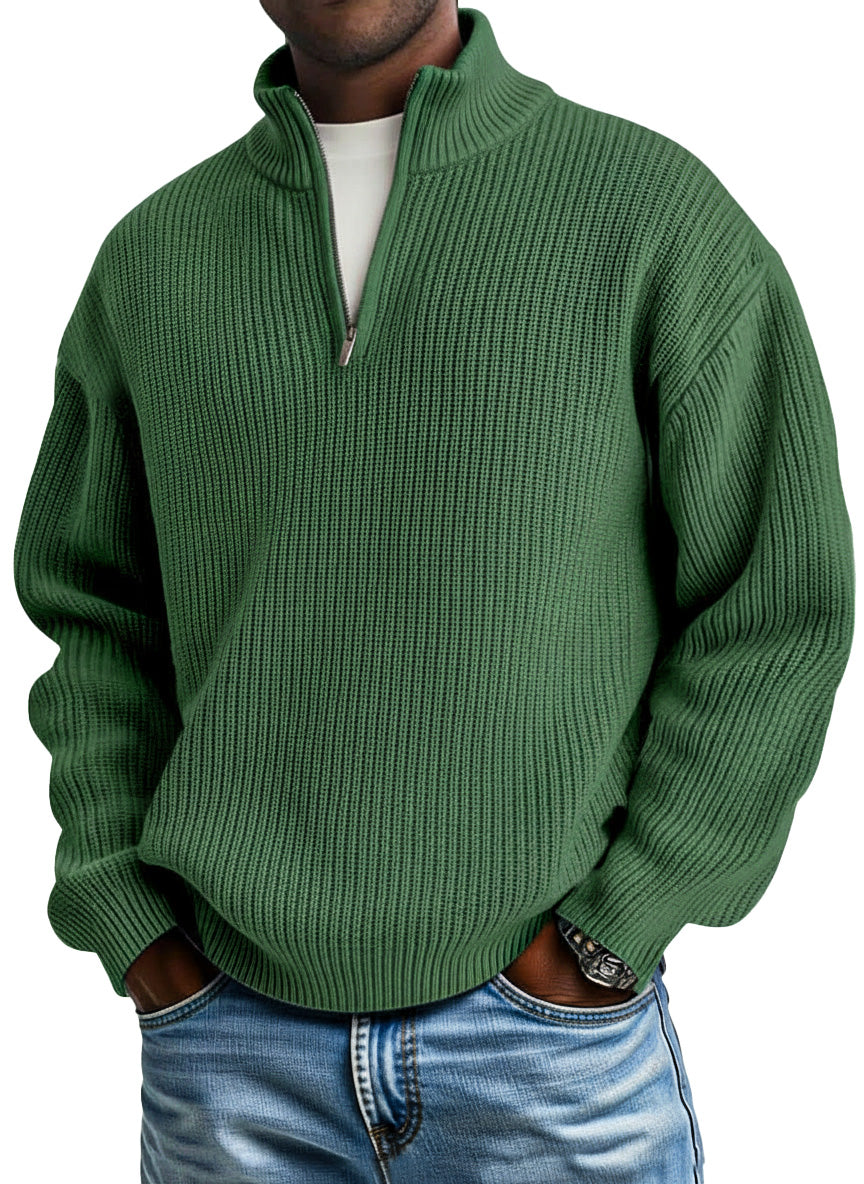 Men's casual plain knitted loose zip-up stand-up collar pullover sweater