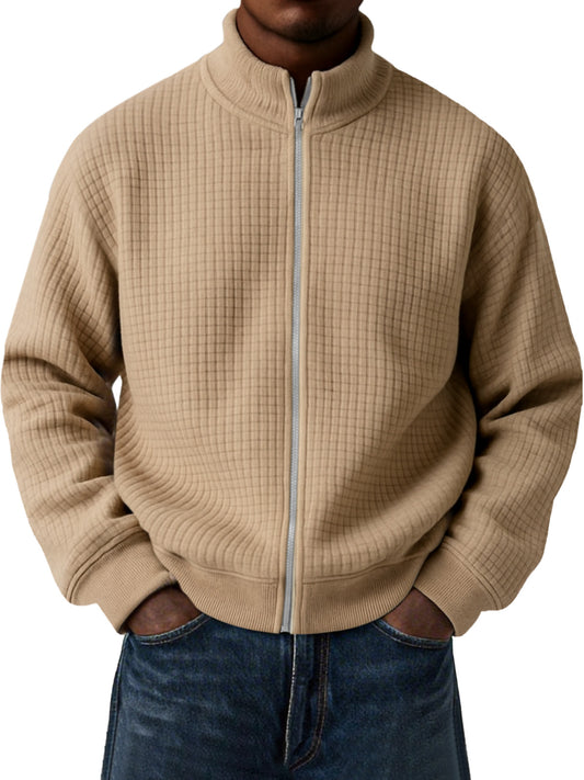 Men's Casual Small Square Jacquard Stand Collar Zipper Long Sleeve Jacket