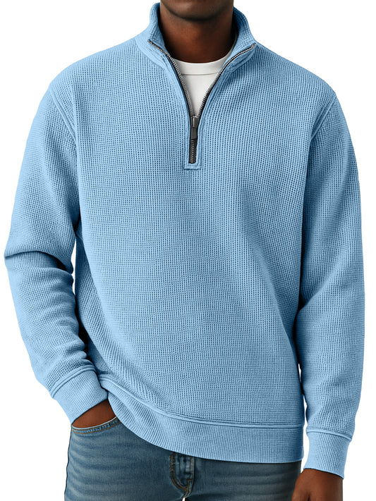 Men's Simple Solid Color Waffle Quarter-zip Long Sleeve Polo Shirt